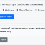 Интерфейс нового конструктора идей на Озарило, где из выбранных элементов "персонаж", "действие" и "место" генерируется уникальная сцена.